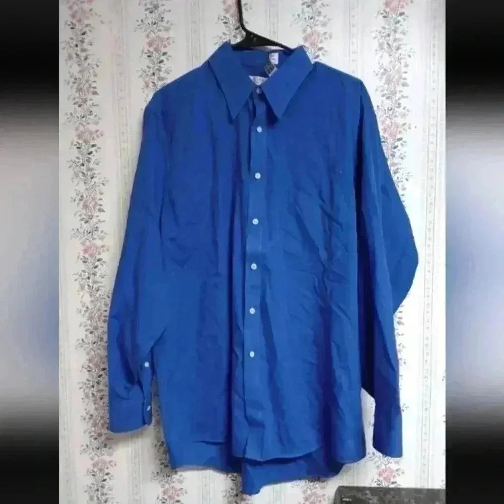 Geoffrey Beene Wrinkle Free Cotton Blend Button Down Dress Shirt Blue L (16.5)